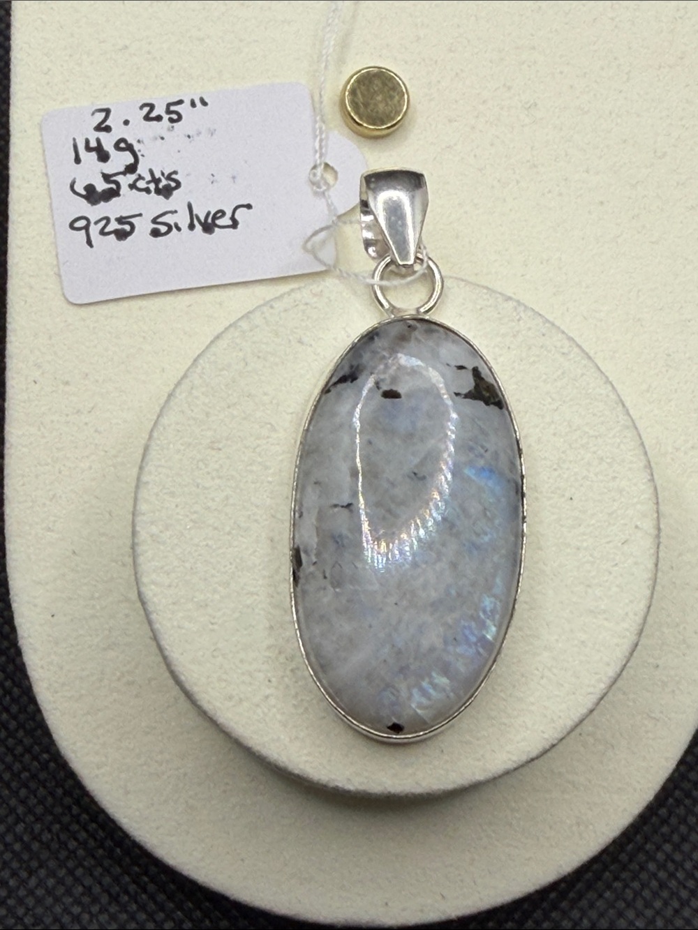 Sterling Silver Moonstone Oval Pendant in Iridescent White-Blue Flash 2.25”